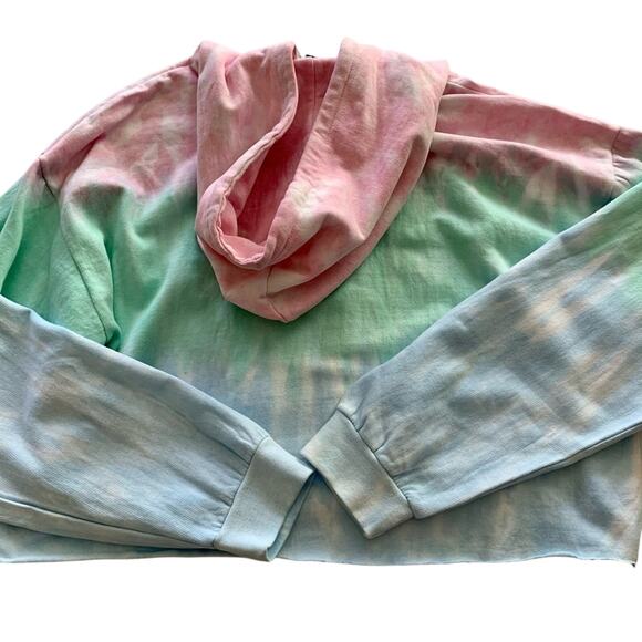 AC/DC Tie Dye Graphic Raw Hemline Cropped Hoodie Sweater Size XL - Picture 8 of 9